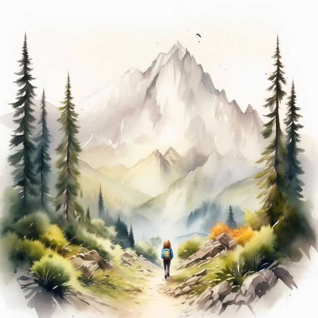 Add to the existing scene a small girl, in the same watercolor and pen outline style, backpacking through the majestic mountain.