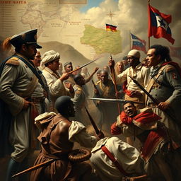 A detailed scene illustrating the European characters represented by the Loba Blanca in the context of the Haitian revolution