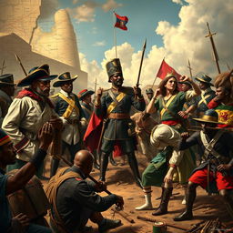 A detailed scene illustrating the European characters represented by the Loba Blanca in the context of the Haitian revolution