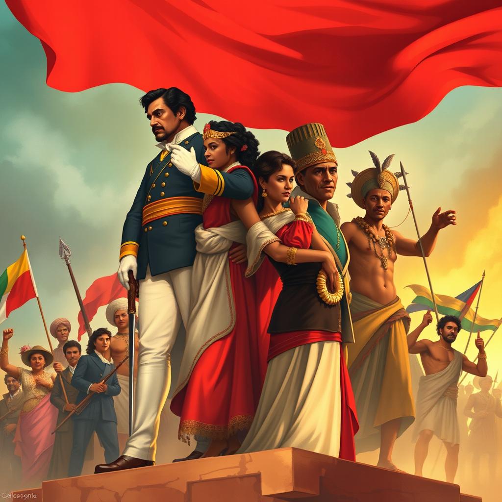 A captivating illustration portraying key figures from the independence struggles in Latin America, emphasizing mestizaje and African heritage as central themes