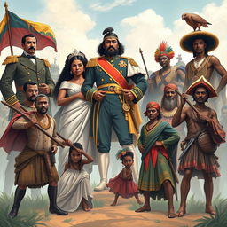 A captivating illustration portraying key figures from the independence struggles in Latin America, emphasizing mestizaje and African heritage as central themes