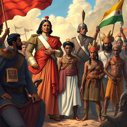 A captivating illustration portraying key figures from the independence struggles in Latin America, emphasizing mestizaje and African heritage as central themes