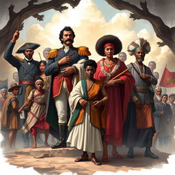 A captivating illustration portraying key figures from the independence struggles in Latin America, emphasizing mestizaje and African heritage as central themes