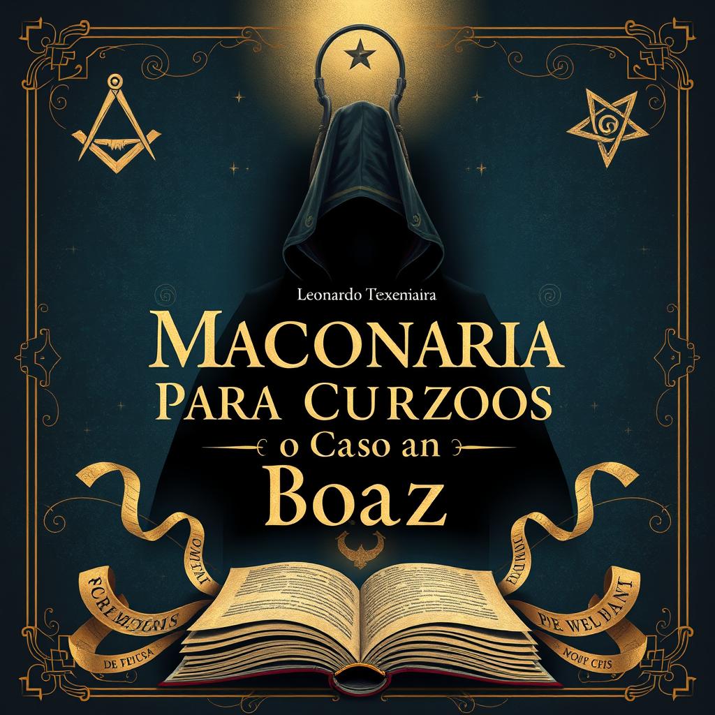 An intriguing and mysterious book cover for 'Maçonaria para Curiosos e o Caso de Boaz' by Leonardo Bueno Teixeira