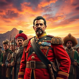A powerful portrait of General Jose María Morelos, a key figure in the Mexican War of Independence, standing heroically in the foreground