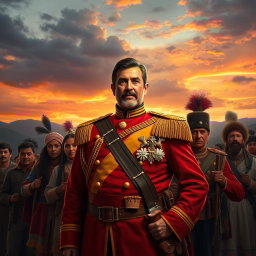 A powerful portrait of General Jose María Morelos, a key figure in the Mexican War of Independence, standing heroically in the foreground