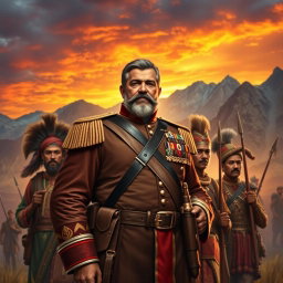 A powerful portrait of General Jose María Morelos, a key figure in the Mexican War of Independence, standing heroically in the foreground