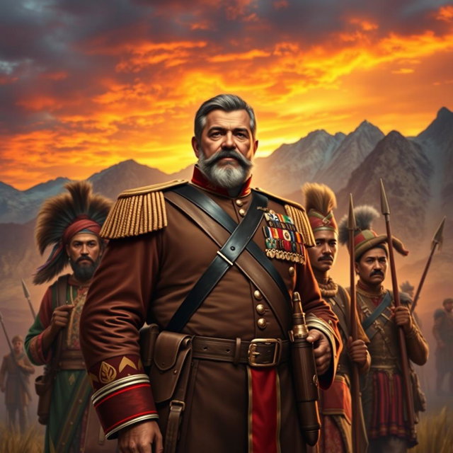 A powerful portrait of General Jose María Morelos, a key figure in the Mexican War of Independence, standing heroically in the foreground