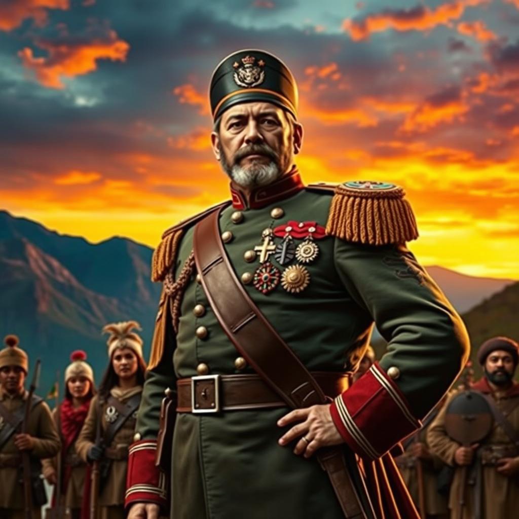 A powerful portrait of General Jose María Morelos, a key figure in the Mexican War of Independence, standing heroically in the foreground
