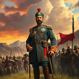 A heroic depiction of General Jose María Morelos, a mestizo tri-ethnic figure combining indigenous, Afro-descendant, and European heritage, standing proudly at the forefront of a battlefield