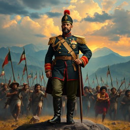 A heroic depiction of General Jose María Morelos, a mestizo tri-ethnic figure combining indigenous, Afro-descendant, and European heritage, standing proudly at the forefront of a battlefield