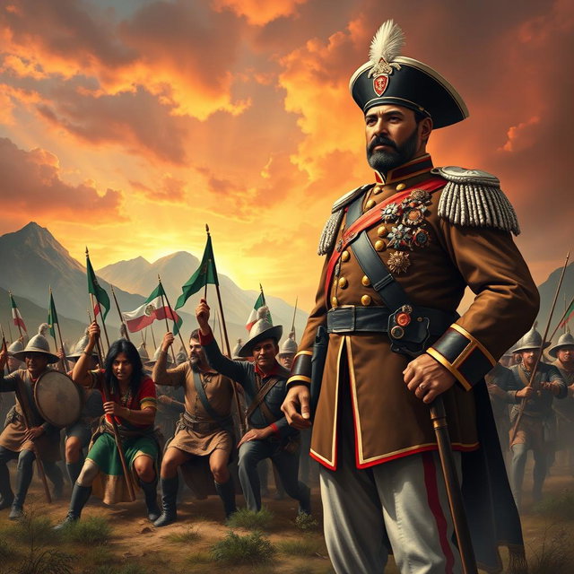 A heroic depiction of General Jose María Morelos, a mestizo tri-ethnic figure combining indigenous, Afro-descendant, and European heritage, standing proudly at the forefront of a battlefield