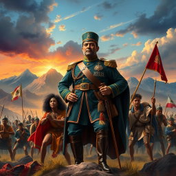 A heroic depiction of General Jose María Morelos, a mestizo tri-ethnic figure combining indigenous, Afro-descendant, and European heritage, standing proudly at the forefront of a battlefield