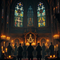 An artistic representation of Freemasonry, showcasing a grand architectural structure with Masonic symbols such as the square and compass