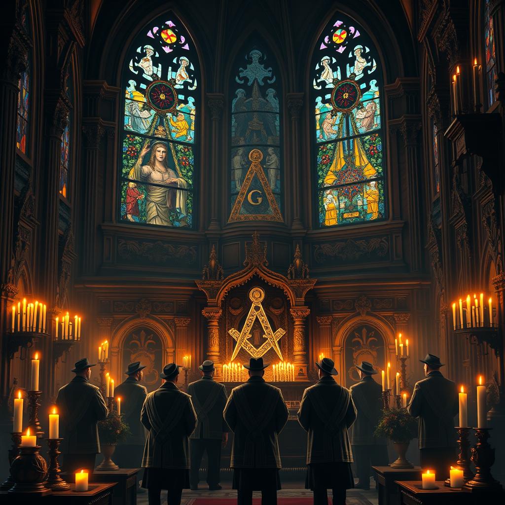 An artistic representation of Freemasonry, showcasing a grand architectural structure with Masonic symbols such as the square and compass