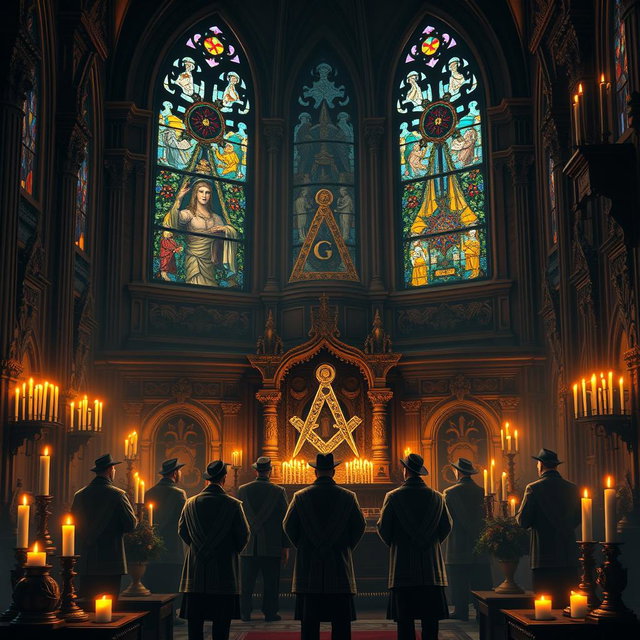 An artistic representation of Freemasonry, showcasing a grand architectural structure with Masonic symbols such as the square and compass