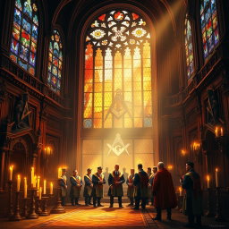 An artistic representation of Freemasonry, showcasing a grand architectural structure with Masonic symbols such as the square and compass