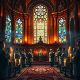 An artistic representation of Freemasonry, showcasing a grand architectural structure with Masonic symbols such as the square and compass
