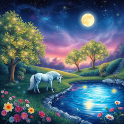 A vibrant and mystical scene depicting a fantasy world where magical creatures roam free amidst lush greenery and sparkling waters