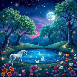 A vibrant and mystical scene depicting a fantasy world where magical creatures roam free amidst lush greenery and sparkling waters