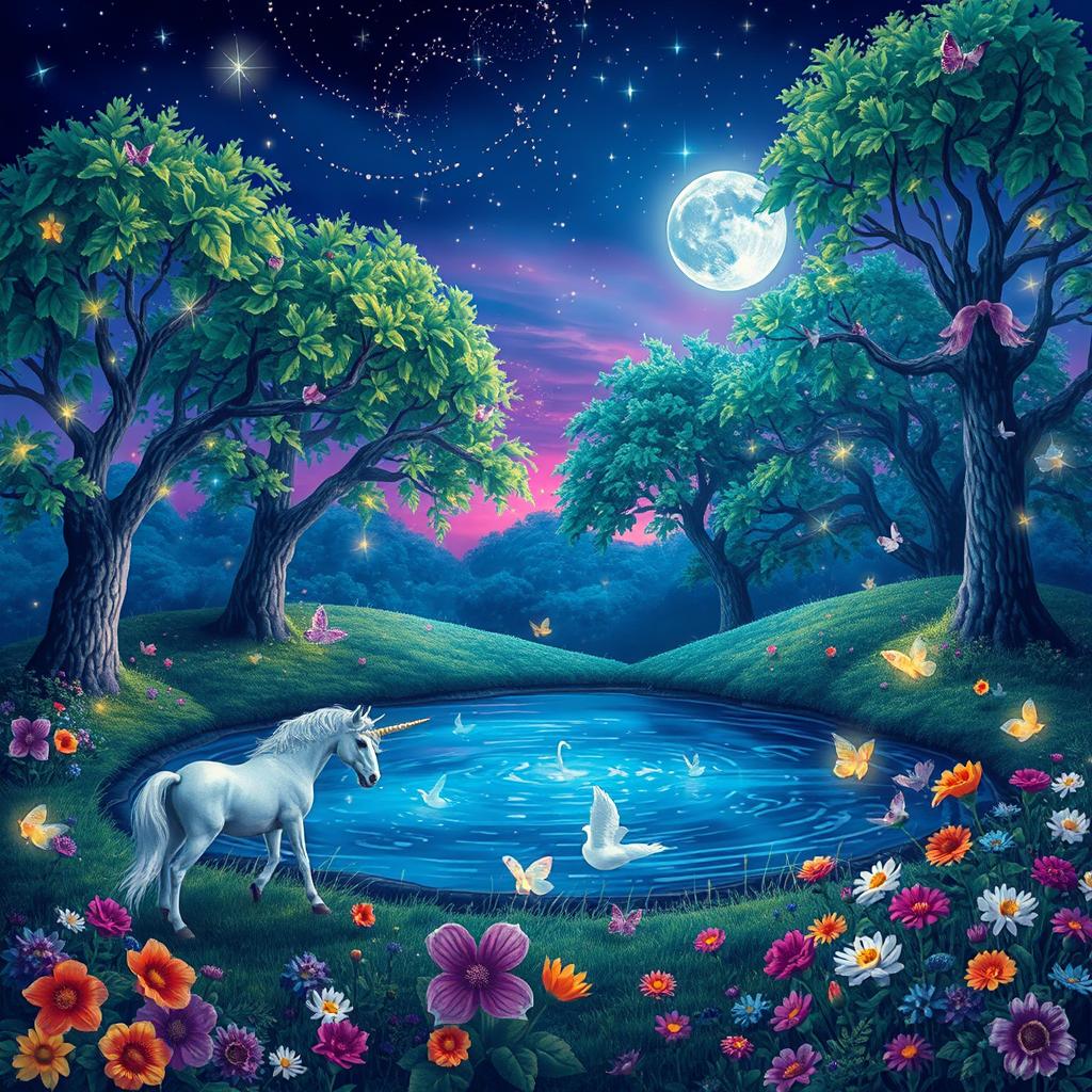 A vibrant and mystical scene depicting a fantasy world where magical creatures roam free amidst lush greenery and sparkling waters