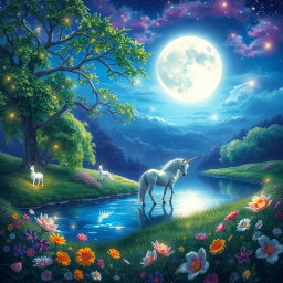 A vibrant and mystical scene depicting a fantasy world where magical creatures roam free amidst lush greenery and sparkling waters