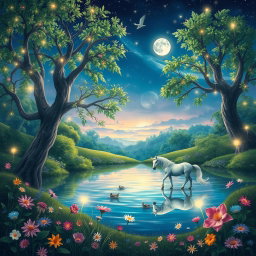 A vibrant and mystical scene depicting a fantasy world where magical creatures roam free amidst lush greenery and sparkling waters