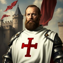 A historical portrait of Jacques de Molay, the last Grand Master of the Knights Templar, depicted in a dramatic and regal style