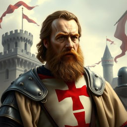 A historical portrait of Jacques de Molay, the last Grand Master of the Knights Templar, depicted in a dramatic and regal style