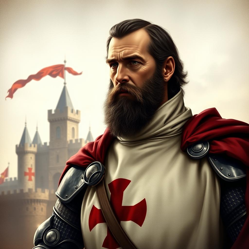 A historical portrait of Jacques de Molay, the last Grand Master of the Knights Templar, depicted in a dramatic and regal style