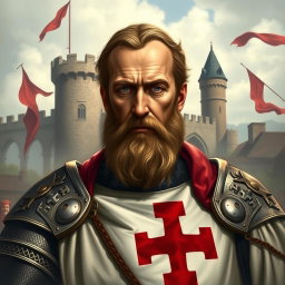 A historical portrait of Jacques de Molay, the last Grand Master of the Knights Templar, depicted in a dramatic and regal style