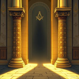 An intricate and detailed illustration of the Columns of Boaz and Jakin from Freemasonry, standing majestically at the entrance of a Masonic temple