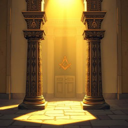 An intricate and detailed illustration of the Columns of Boaz and Jakin from Freemasonry, standing majestically at the entrance of a Masonic temple
