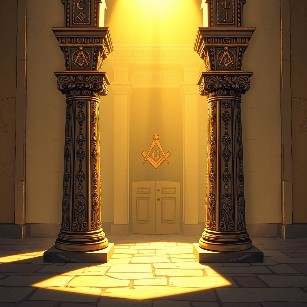 An intricate and detailed illustration of the Columns of Boaz and Jakin from Freemasonry, standing majestically at the entrance of a Masonic temple