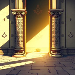 An intricate and detailed illustration of the Columns of Boaz and Jakin from Freemasonry, standing majestically at the entrance of a Masonic temple