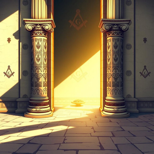 An intricate and detailed illustration of the Columns of Boaz and Jakin from Freemasonry, standing majestically at the entrance of a Masonic temple