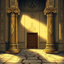 An intricate and detailed illustration of the Columns of Boaz and Jakin from Freemasonry, standing majestically at the entrance of a Masonic temple