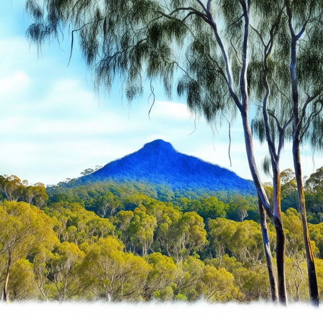 Create a watercolor painting with pen outlines featuring Mount Lindesay, Queensland, Australia in the same style.