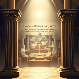 An engaging and informative visual representation focusing on the Columns of Boaz and Jakin as central elements of Freemasonry, specifically highlighting their significance