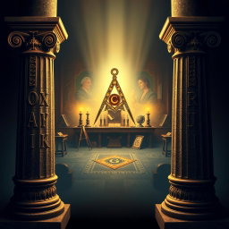An engaging and informative visual representation focusing on the Columns of Boaz and Jakin as central elements of Freemasonry, specifically highlighting their significance