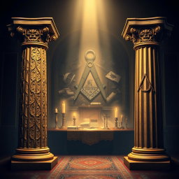 An engaging and informative visual representation focusing on the Columns of Boaz and Jakin as central elements of Freemasonry, specifically highlighting their significance