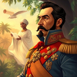 A captivating and historical illustration of Simón Bolívar, the Liberator of America, depicted in a dignified and commanding pose