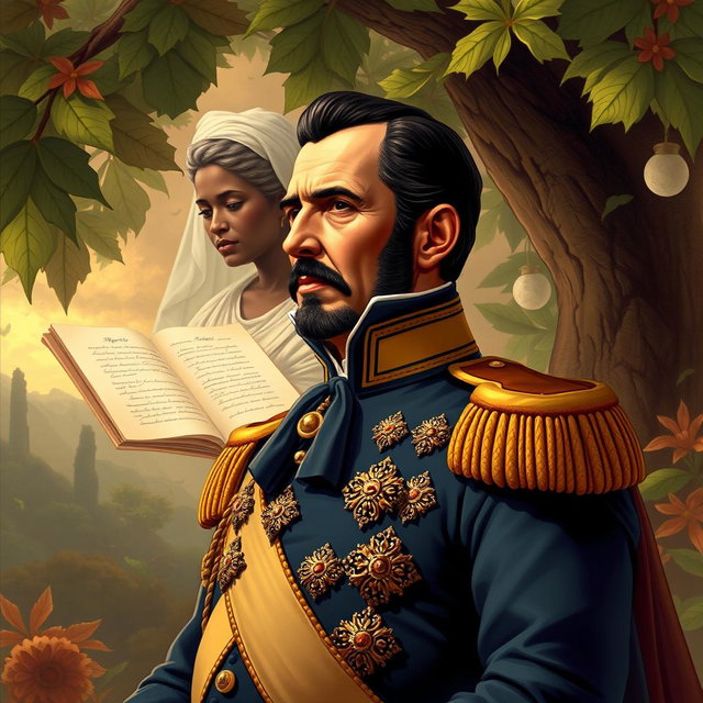 A captivating and historical illustration of Simón Bolívar, the Liberator of America, depicted in a dignified and commanding pose