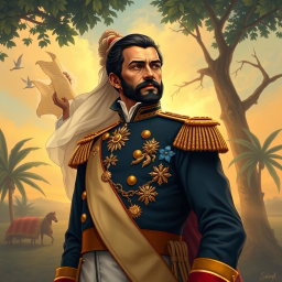 A captivating and historical illustration of Simón Bolívar, the Liberator of America, depicted in a dignified and commanding pose