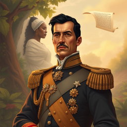 A captivating and historical illustration of Simón Bolívar, the Liberator of America, depicted in a dignified and commanding pose