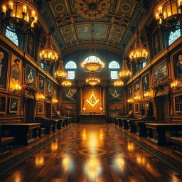 An intricate and captivating depiction of a Masonic Temple interior, showcasing its grandeur and symbolic elements