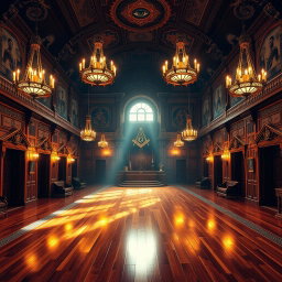 An intricate and captivating depiction of a Masonic Temple interior, showcasing its grandeur and symbolic elements