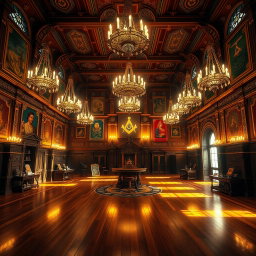 An intricate and captivating depiction of a Masonic Temple interior, showcasing its grandeur and symbolic elements