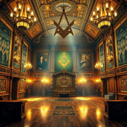 An intricate and captivating depiction of a Masonic Temple interior, showcasing its grandeur and symbolic elements
