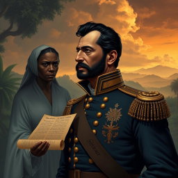 A powerful and evocative illustration of Simón Bolívar, the Liberator of America, depicted in a contemplative and solemn stance